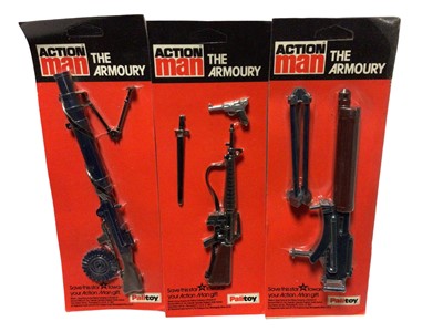 Lot 56 - Palitoy Action Man The Armoury assorted weapons, on unpunched vacuum pack card (3)