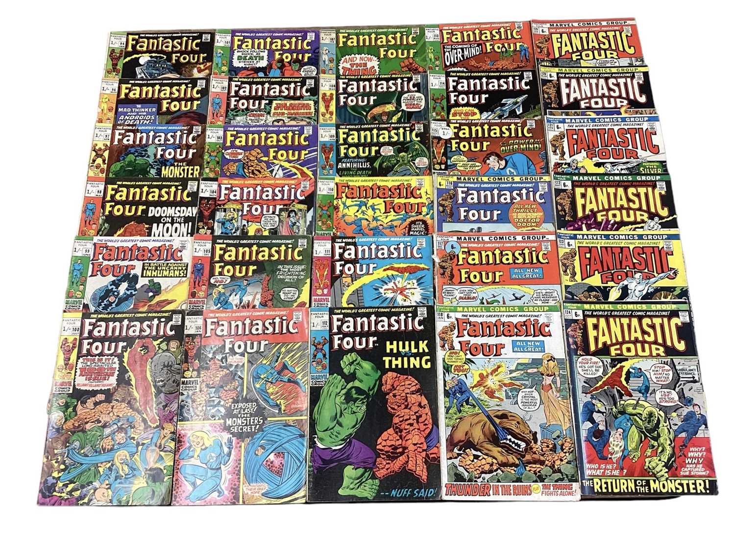 Lot 48 - Marvel Comics Fantastic Four 1970's (English price variants). To include #94 - first apperance of Agatha Harkness, first apperance of Ebony, first mention of the name Franklin Richards, #100 - mile...