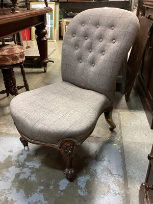 Lot 1274 - Victorian nursing chair with buttoned tweed upholstery on carved cabriole legs