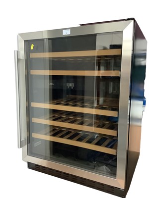 Lot 2 - CDA Wine cooler, freestanding, under counter wine cooler with huge capability within a stylish exterior. It comes with wooden slide out shelves, with the capacity to hold 46 bottles across two temp...