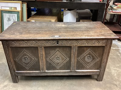 Lot 1277 - Antique oak coffer with panelled front, rising lid with original hinges 121cm