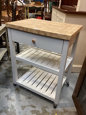 Lot 1284 - Contempory kitchen chopping block unit/ island with drawer and two shelves below on castors 70cm wide, 50cm deep, 90cm high