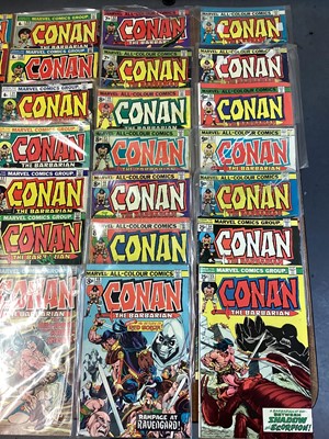 Lot 59 - Marvel Comics Conan the Barbarian, 1970's (English and American price variants). To include #14 - first apperance of Elric, #15 - first full apperance of Kulan Gath, #16 and many others. An incompl...