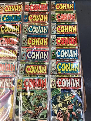 Lot 59 - Marvel Comics Conan the Barbarian, 1970's (English and American price variants). To include #14 - first apperance of Elric, #15 - first full apperance of Kulan Gath, #16 and many others. An incompl...