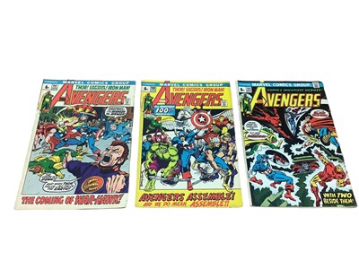 Lot 24 - Marvel Comics The Avengers #98 #100 #111 (1972/73) (UK Price Variant) Clint Barton reverts from Goliath back to Hawkeye in issue #98. Ever past and present Avergers member shows up for issue #100....