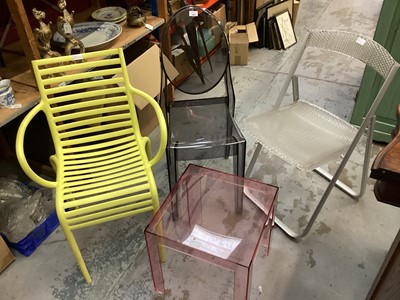 Lot 1291 - Kartel tinted plastic chair, two other designer chairs and plastic occasional table (4)