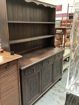 Lot 1292 - Edwardian carved oak dresser with raised open back, drawers and cupboards below 154cm wide, 186cm high, 55 cm deep