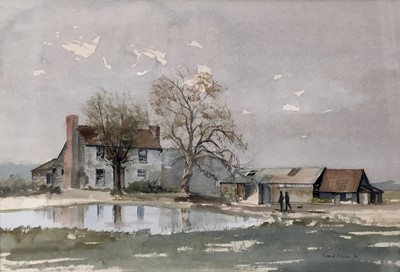 Lot 55 - Frank Alwin, contemporary, watercolour, farmhouse with pond and depicting two figures with dog returning from shooting, signed, in glazed gilt frame