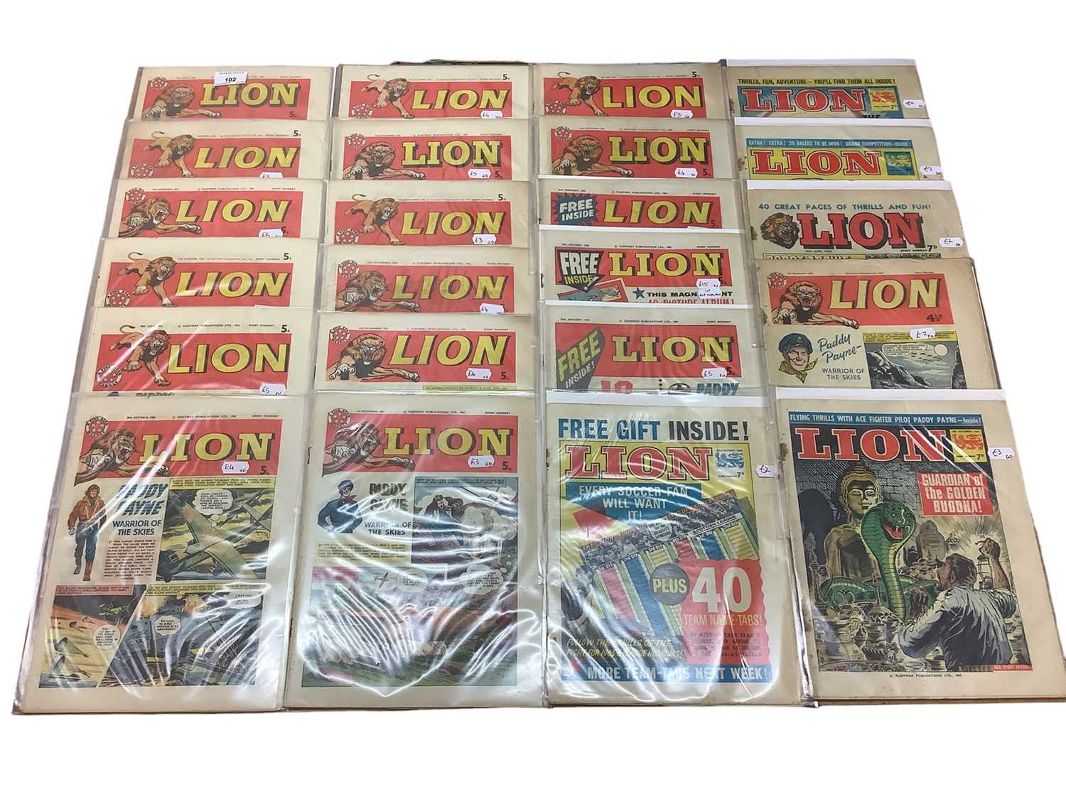 Lot 1792 - Quantity of Fleetway Publication Ltd "Lion" magazine dating (1962/63/65) (Boarded and Bag) / Quantity of Eagle and Boys' World Magazine dating from (1964/65/66) (Poor condition)