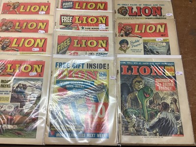 Lot 1792 - Quantity of Fleetway Publication Ltd "Lion" magazine dating (1962/63/65) (Boarded and Bag) / Quantity of Eagle and Boys' World Magazine dating from (1964/65/66) (Poor condition)