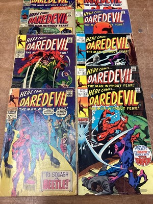 Lot 46 - Marvel Comics Daredevil 1966 - 1969 (English and American price variants). To include #19,  #25 - first apperance of Leap Frog, Vincent Patilio, #26, #32, #34, #51, #52, #53, #54, #55 and #59. Some...