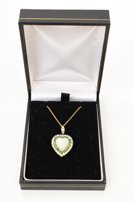 Lot 425 - A fine late Victorian opal diamond and green garnet heart shape pendant on chain