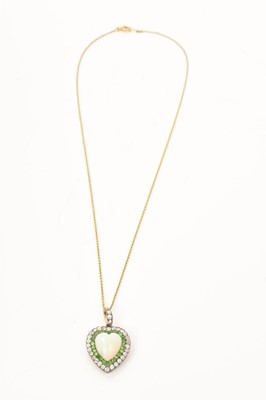 Lot 425 - A fine late Victorian opal diamond and green garnet heart shape pendant on chain
