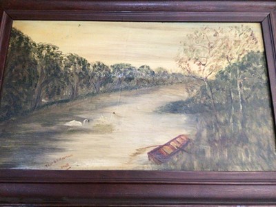 Lot 457 - Oil on board River Scene with swans, signed 1915, framed