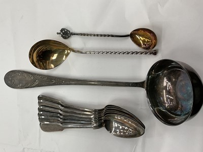 Lot 1043 - White metal spoon, possibly Russian hallmarks, together with Eastern European white metal spoons