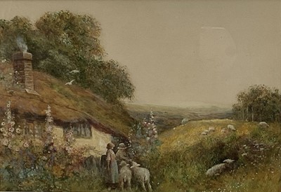 Lot 322 - Fred Hines, 20th Century watercolour - cottage with thatched roof, figures, and sheep, signed and dated