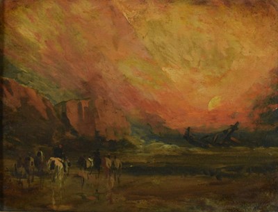 Lot 1021 - Manner of David Cox, 19th century, oil on canvas - 'Vivid Sunset', inscribed verso, 18cm x 23cm, in gilt frame