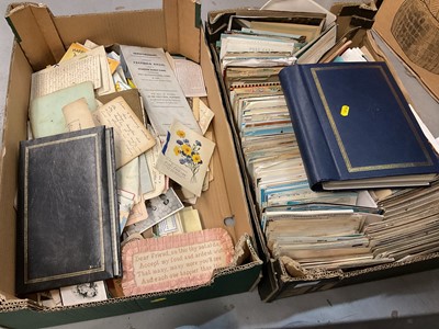 Lot 406 - Two boxes of mixed ephemera to include loose postcards, correspondence cards and other items.