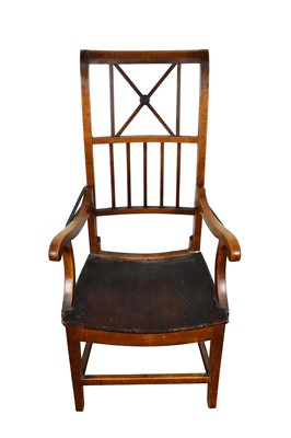 Lot 1358 - Unusual 18th century fruitwood armchair with solid seat and adjustable tall back standing on square legs with stretchers