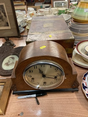 Lot 420 - Victorian brass bound burr walnut writing slope, together with a 1930's oak mantle clock (2)