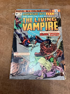 Lot 57 - Mixed Marvel Horror Lot to include Adventure into Fear The Man Called Morbius...The Living Vampire #24-26 (1974) First appearance of Blade outside of Tomb Of Dracula and first meeting of Blade and...