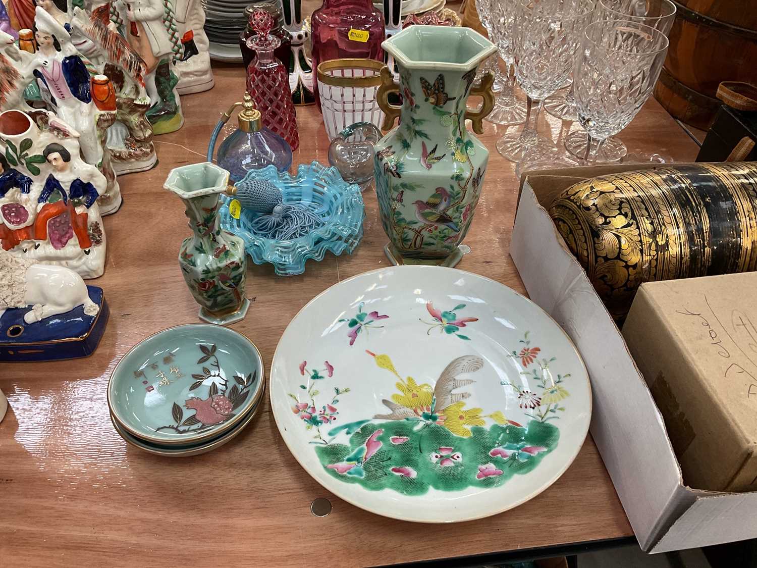 Lot 425 - Chinese celadon vase, together with a smaller celadon vase, a large Chinese porcelain dish and two smaller dishes (5)