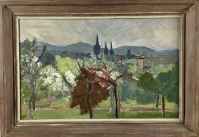 Lot 323 - William Bratt (mid 20th century) - oil on board - Edinburgh from the Botanical Gardens