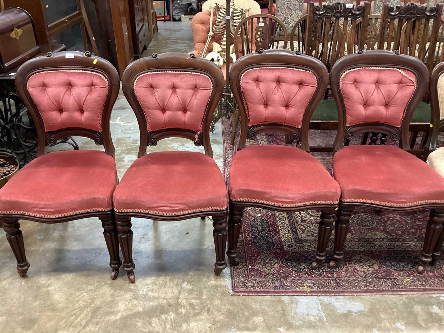 Lot 1337 - Set four Victorian mahogany dining chairs with pink velvet upholstery on reede legs