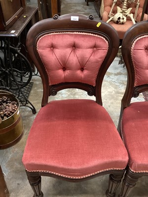 Lot 1337 - Set four Victorian mahogany dining chairs with pink velvet upholstery on reede legs