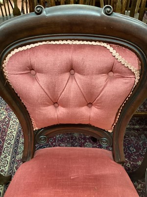 Lot 1337 - Set four Victorian mahogany dining chairs with pink velvet upholstery on reede legs