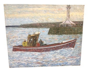 Lot 230 - John Reay, East Anglian School, oil on board - a fishing boat entering harbour