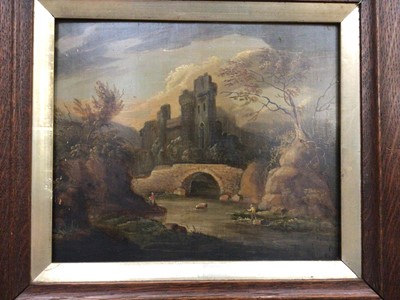 Lot 227 - English School, oil on panel - river landscape with a fisherman near a stone bridge