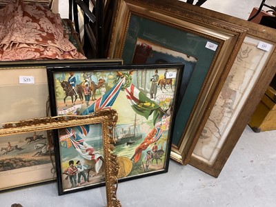 Lot 435 - Victorian lithographic print, over painted naval photograph, hunting print and other pictures.