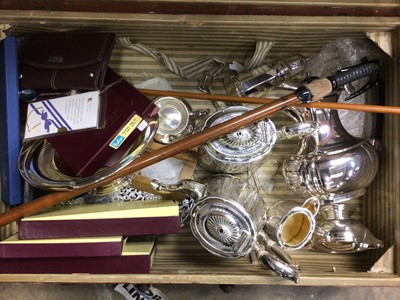 Lot 183 - Group of silver plate, including a tea set, and other items in a vintage leather suitcase