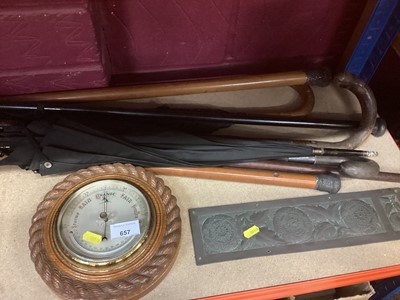 Lot 657 - Late Victorian aneroid barometer in carved oak roped frame and lot walking sticks and sundries