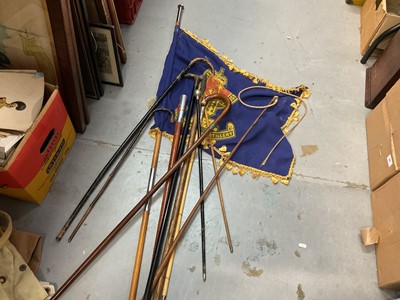 Lot 458 - Group of swagger sticks, walking canes, a military pennant and group of uniform bags.