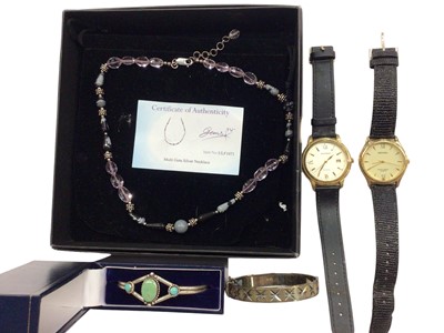 Lot 1077 - 1970s silver bangle, silver and turquoise torque bangle, multi gem silver necklace and two Sekonda wristwatches