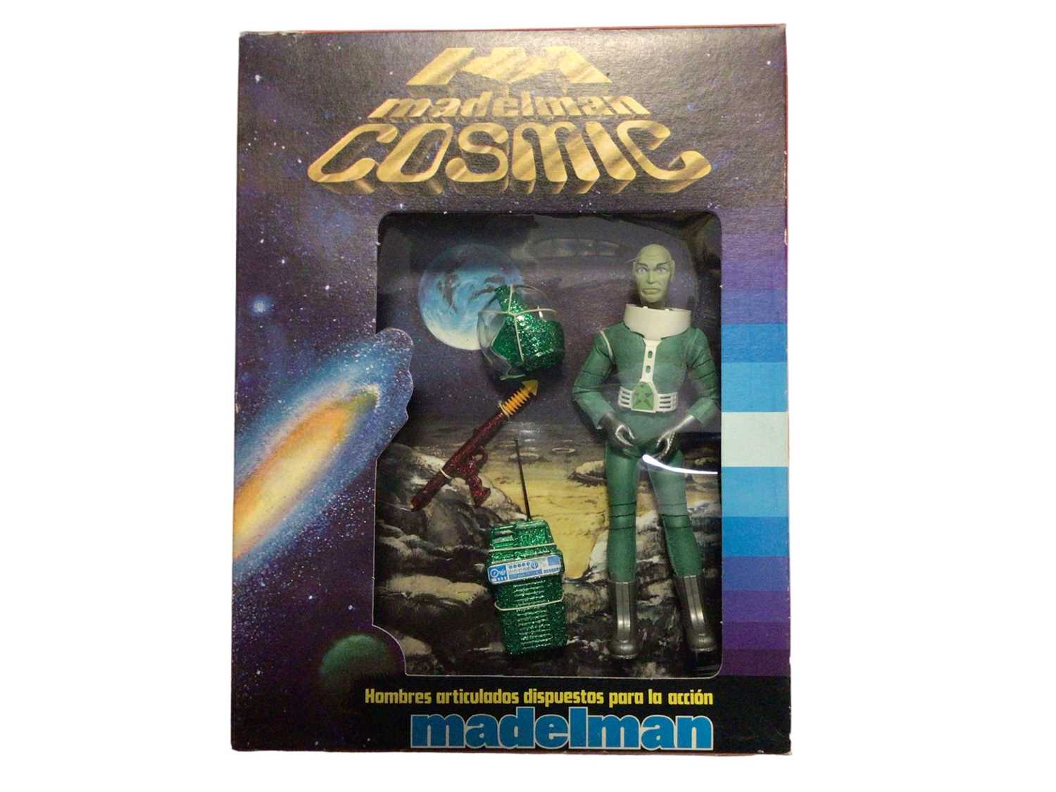 Lot 134 - Madelman (1980-1983) Cosmic Hombre Verde 6 1/2" action figure with green space suit, in window box Ref: 903 (1)