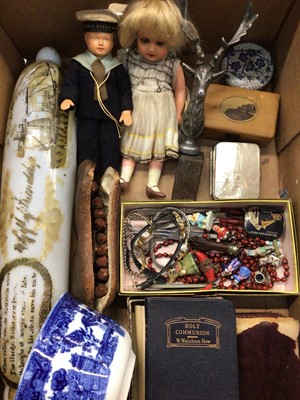 Lot 366 - Sailor's glass love token rolling pin, R. M. S. Queen Mary naval doll, Armand Marseille porcelain doll, Paris souvenir mother of pearl purse, bijouterie and sundries