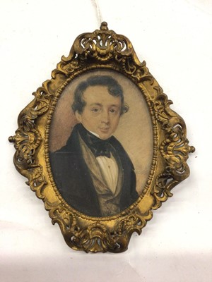 Lot 363 - 19th century watercolour portrait miniature of a gentleman in gilt metal frame, 12cm x 10cm overall