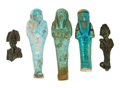 Lot 866 - Three Ancient Egyptian celadon glazed ushabti and other antiquities