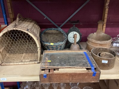 Lot 662 - Lot antique salt measures, vintage wicker cat basket and sundries