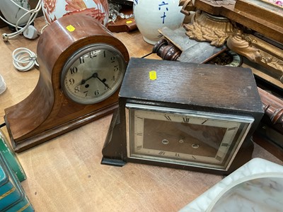 Lot 493 - Group of clocks and barometers to include two mantle clocks, a regulator wall clock and marbled glass light shade.