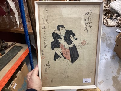 Lot 665 - Antique Japanese woodcut of a dancing actor with fan in glazed frame