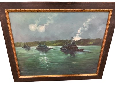 Lot 247 - Two modern oil on canvas paintings of river warfare, each 41 x 50cm, framed