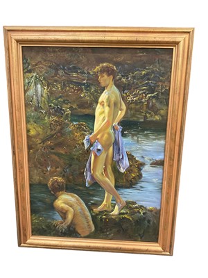 Lot 246 - After Henry Scott Tuke, oil on canvas, bathers, 87 x 60cm