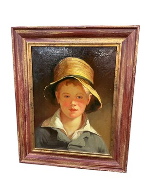 Lot 244 - Victorian style oil on canvas portrait of a boy in a hat, 30 x 41cm, framed