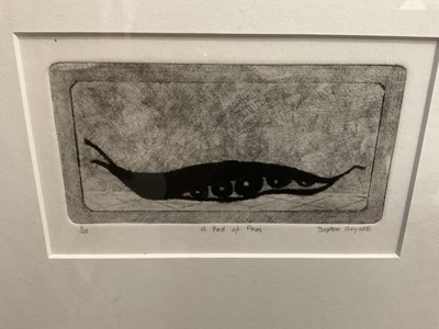 Lot 254 - Daphne Reynolds etching - A pod of peas, together with mixed media work by Connie Gadd and a reverse print on glass. (3)