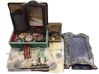 Lot 1089 - Two silver photograph frames, one other, silver napkin ring, silver pen, silver handled letter opener, together with a small group of jewellery and coins