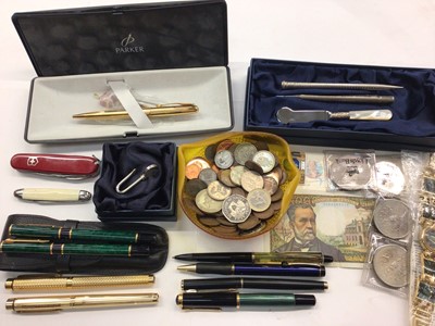 Lot 378 - Group of pens including a set of two Waterman fountain and ballpoint pen, two Sheaffer gold plated fountain pens, German Pelikan fountain pen, Parker pen in box and others, together with various co...